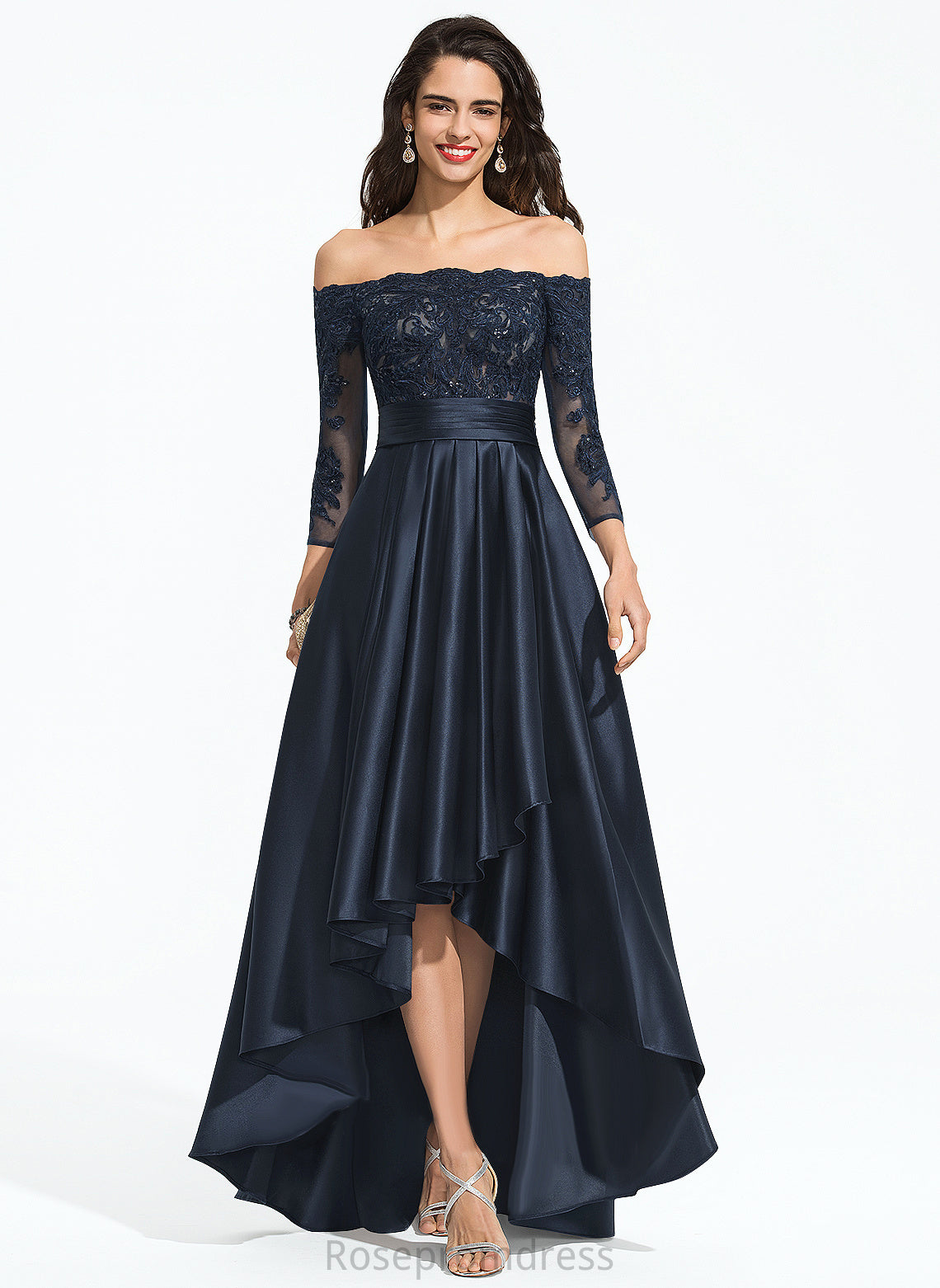 A-Line Prom Dresses Off-the-Shoulder Asymmetrical Willow Cascading Sequins Ruffles Lace Satin With