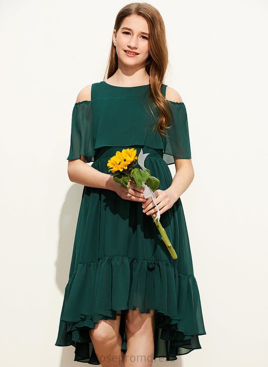 Asymmetrical Junior Bridesmaid Dresses With Cascading Scoop A-Line Lyric Ruffles Chiffon Neck