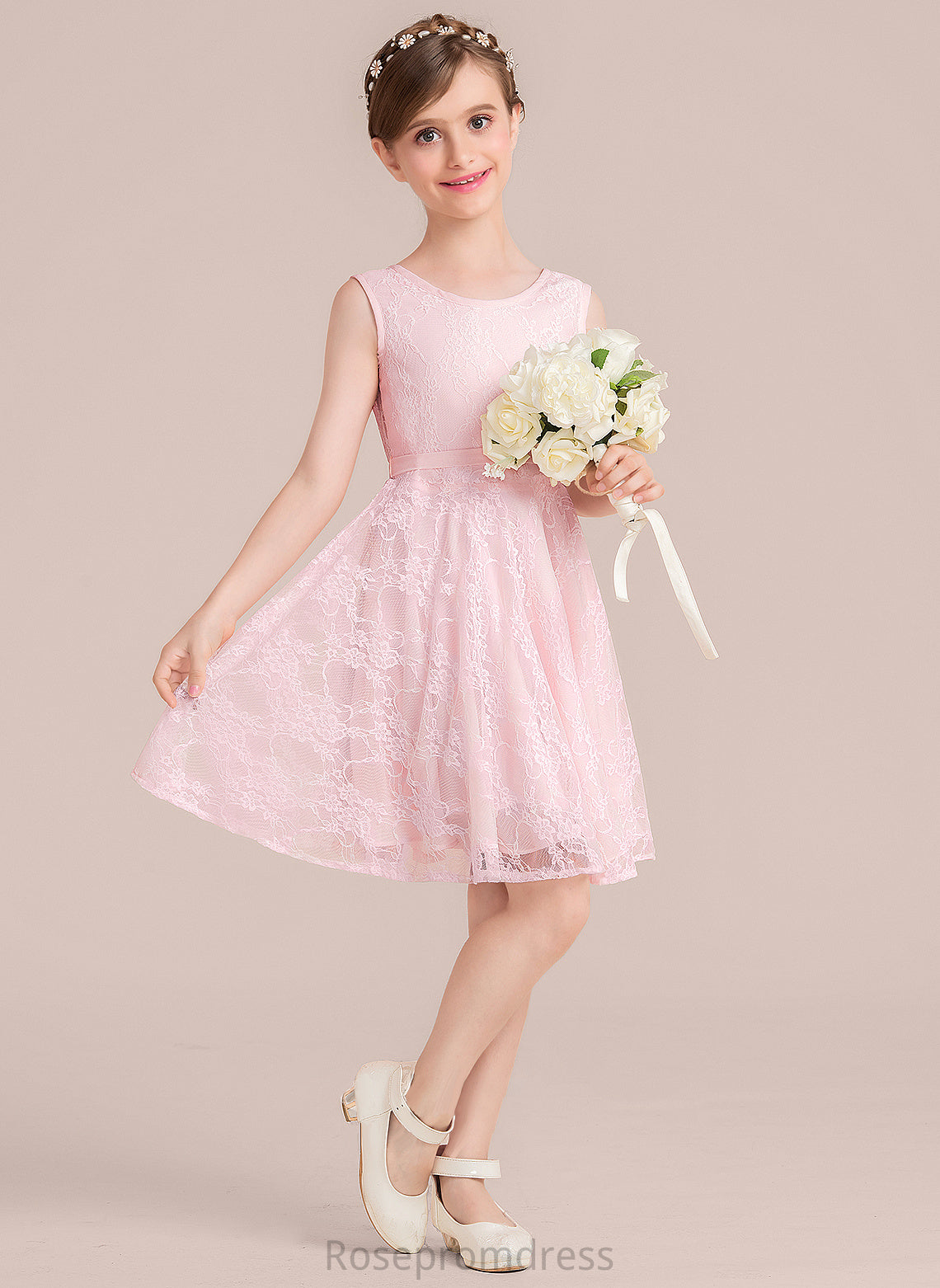 Knee-Length Sash A-Line With Neck Junior Bridesmaid Dresses Maribel Scoop Lace Bow(s)