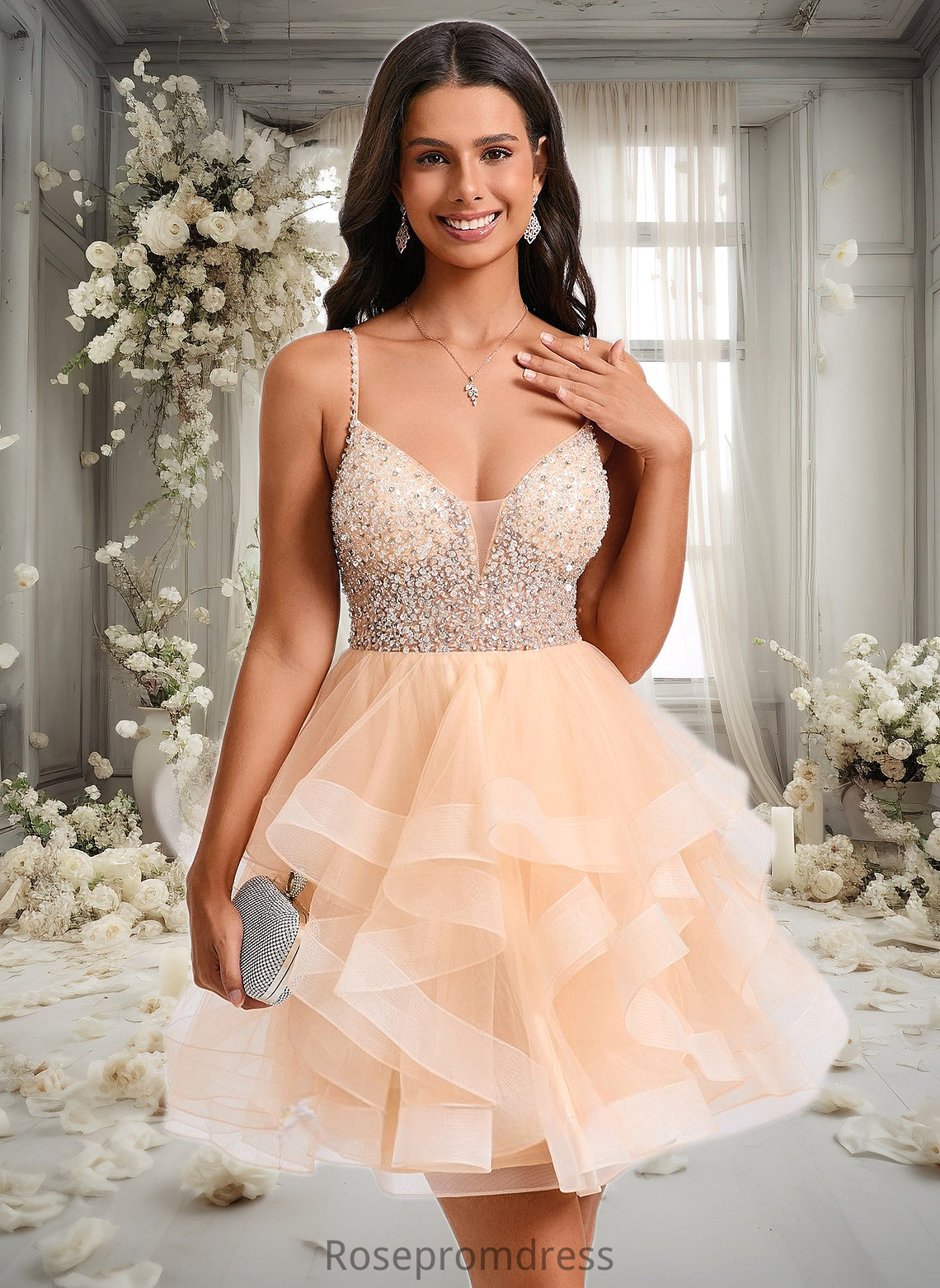 Anna Ball-Gown/Princess V-Neck Short Tulle Homecoming Dress With Beading Sequins DSP0025646