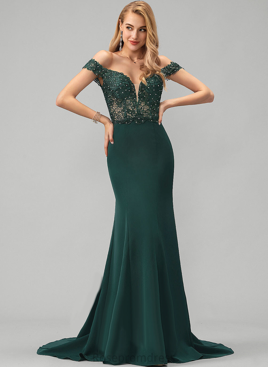 Shirley Beading Prom Dresses Trumpet/Mermaid Crepe Off-the-Shoulder Stretch With Sweep Sequins Train