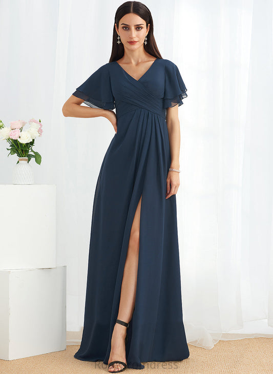 A-Line V-neck SplitFront Fabric Neckline Silhouette Embellishment Floor-Length Length Sara Floor Length Spaghetti Staps Bridesmaid Dresses