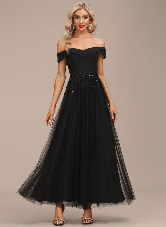 Miya Ankle-Length Dress A-Line Cocktail Cocktail Dresses Tulle With Off-the-Shoulder Sequins Chiffon Beading