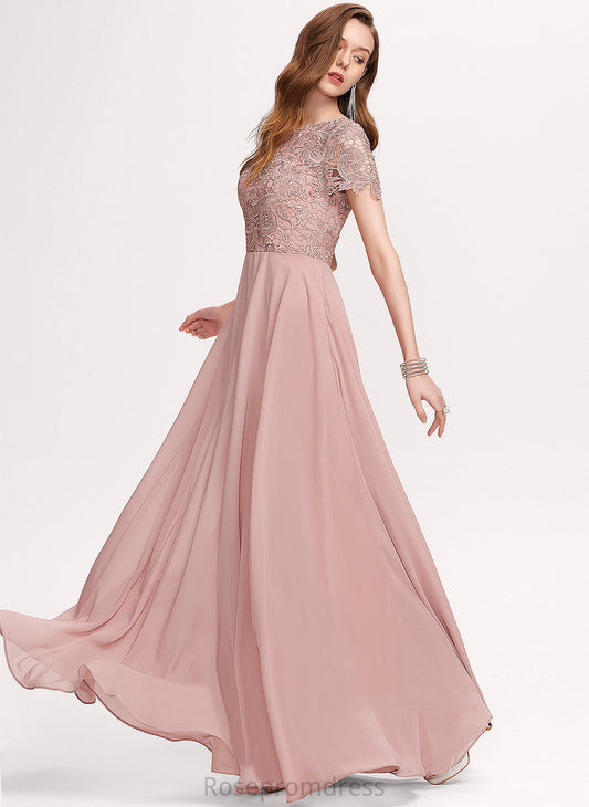 A-Line Scoop Sequins Danielle With Chiffon Floor-Length Lace Prom Dresses