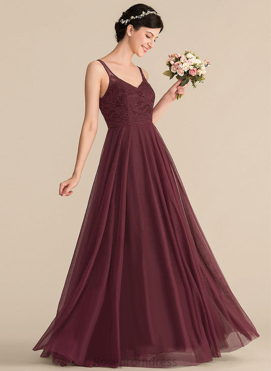 Floor-Length Length Straps&Sleeves Neckline A-line Silhouette Fabric Tulle V-Neck Lace Natalya Sleeveless Bridesmaid Dresses