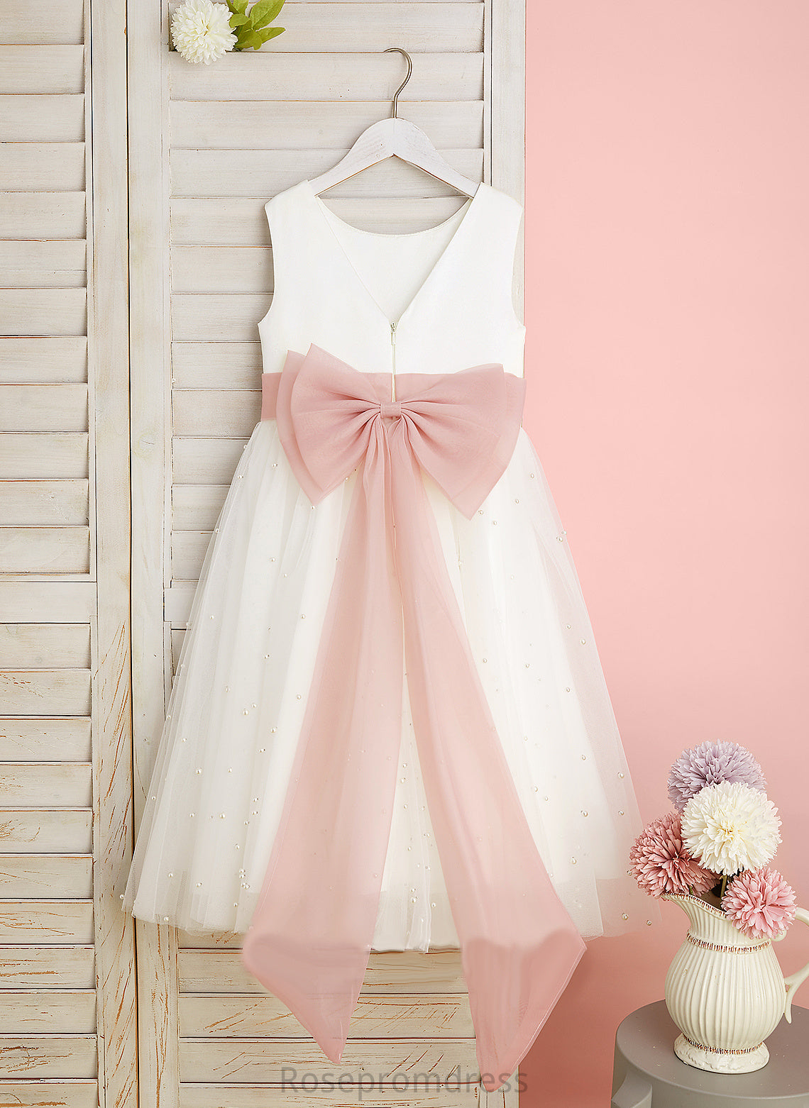 Neck Dress Tea-length With Back Scoop Girl A-Line Flower Sash/Bow(s)/V Flower Girl Dresses - Sleeveless Kaydence Satin/Tulle