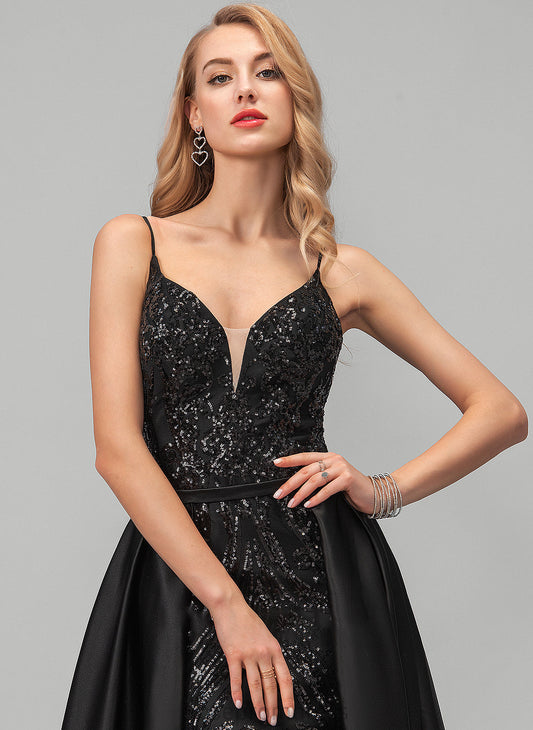 V-neck Satin With Belen Sequins Floor-Length A-Line Prom Dresses