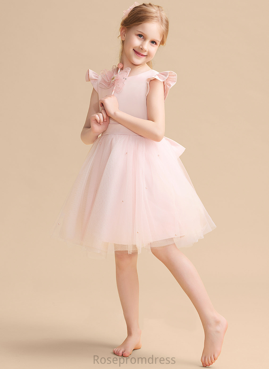 Knee-length A-Line Ruffles/Beading/Bow(s) Neck Scoop Flower Dress Girl Flower Girl Dresses Tulle Sleeveless Juliet With