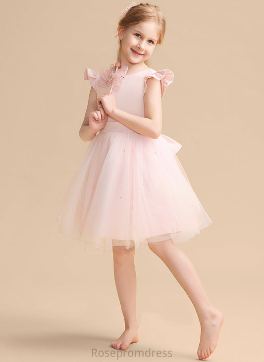 Knee-length A-Line Ruffles/Beading/Bow(s) Neck Scoop Flower Dress Girl Flower Girl Dresses Tulle Sleeveless Juliet With