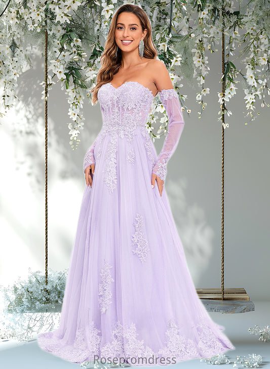 Lynn A-line Sweetheart Sweep Train Tulle Prom Dresses With Sequins Appliques Lace DSP0025856