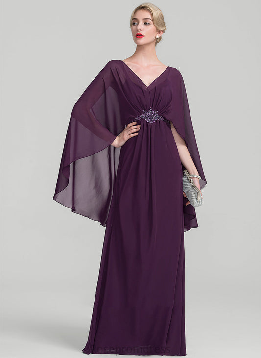 A-Line Floor-Length the Mother With Chiffon Ruffle Dress of Beading V-neck Mina Mother of the Bride Dresses Bride