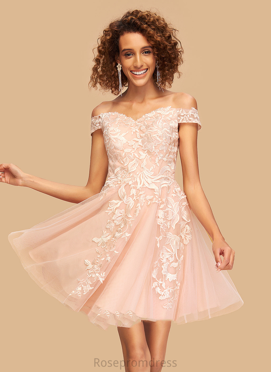 Angie Off-the-Shoulder Tulle Short/Mini Homecoming A-Line Lace Dress Homecoming Dresses With