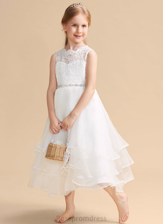 Tea-length Dress Sleeveless Girl - Organza/Lace Carolyn With Neck Flower Flower Girl Dresses A-Line Scoop Beading/Rhinestone