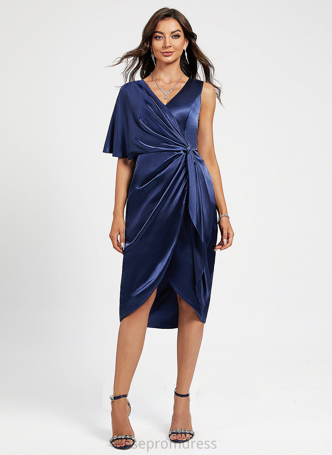 Dress Split Cocktail With V-neck Pleated Sheath/Column Asymmetrical Charmeuse Front Cocktail Dresses Harley