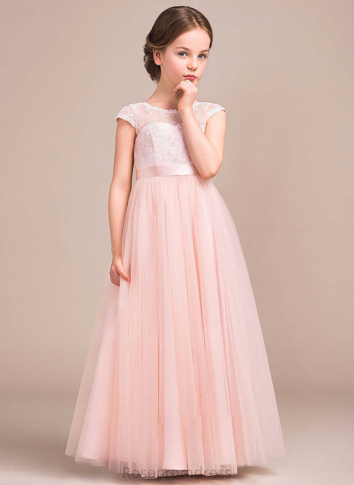 Junior Bridesmaid Dresses Scoop Neck Lace Bow(s) With Iyana A-Line Tulle Floor-Length