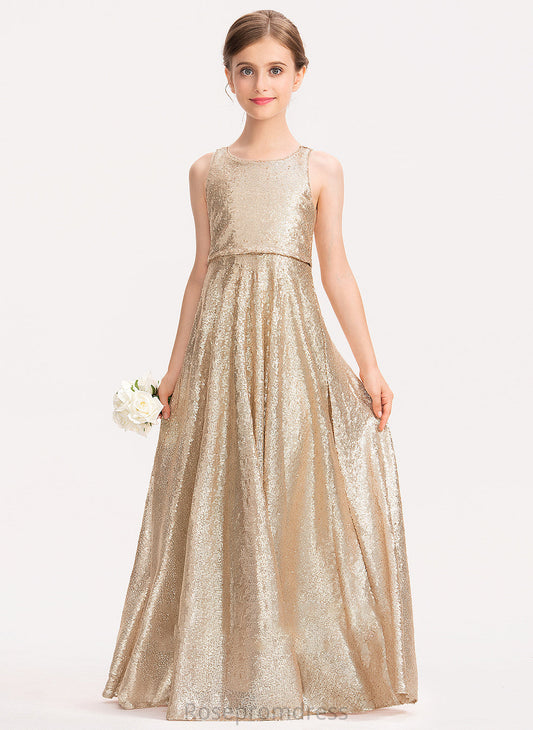 Janet A-Line Junior Bridesmaid Dresses Sequined Neck Floor-Length Scoop