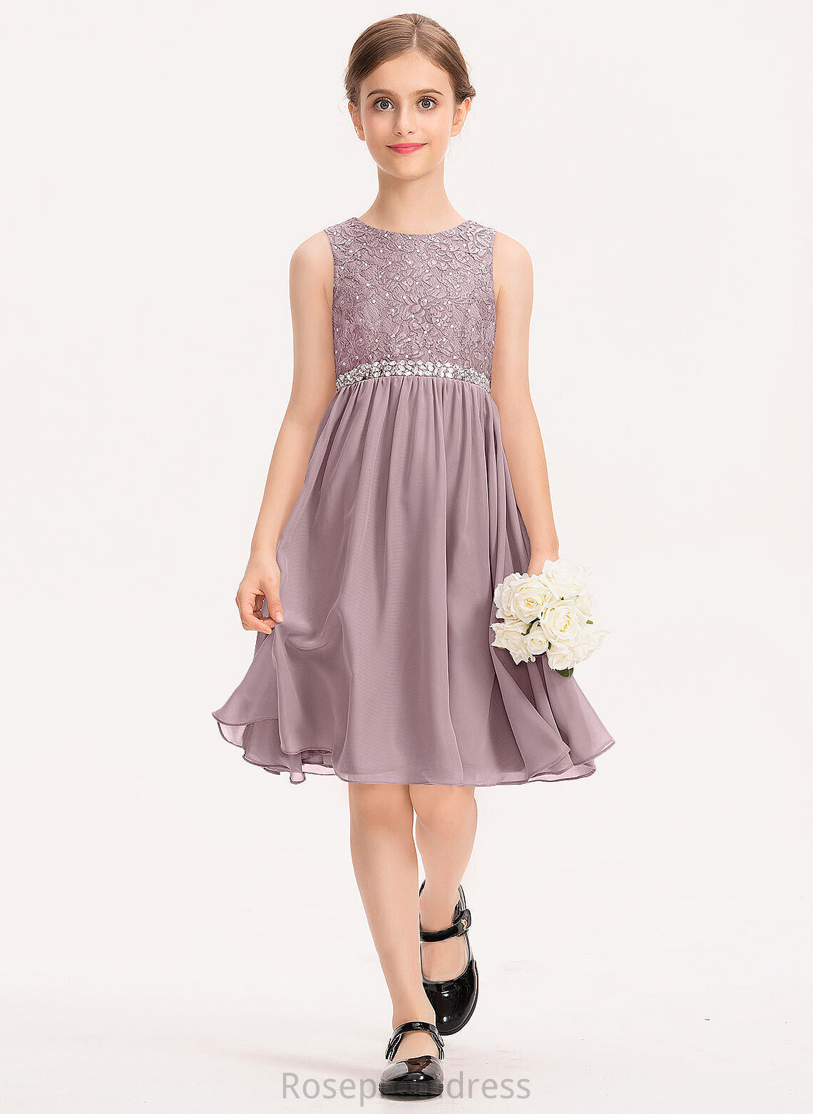 A-Line Chiffon Lace Junior Bridesmaid Dresses Bow(s) Beading Scoop With Knee-Length Cali Neck