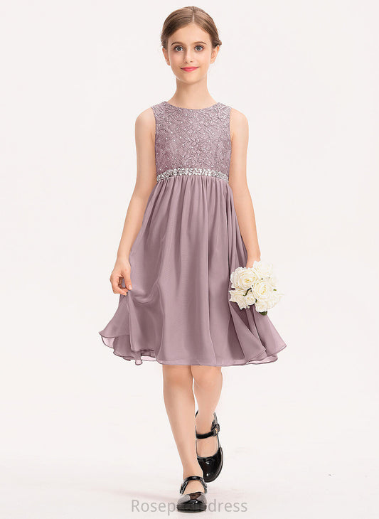 A-Line Chiffon Lace Junior Bridesmaid Dresses Bow(s) Beading Scoop With Knee-Length Cali Neck