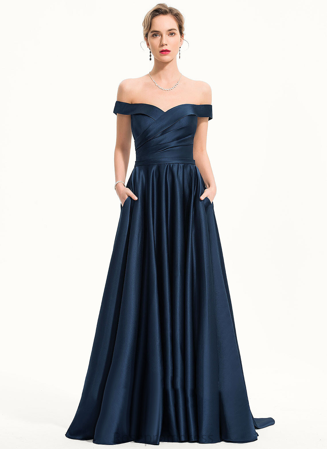 Train Satin A-Line Prom Dresses Off-the-Shoulder Nataly Sweep