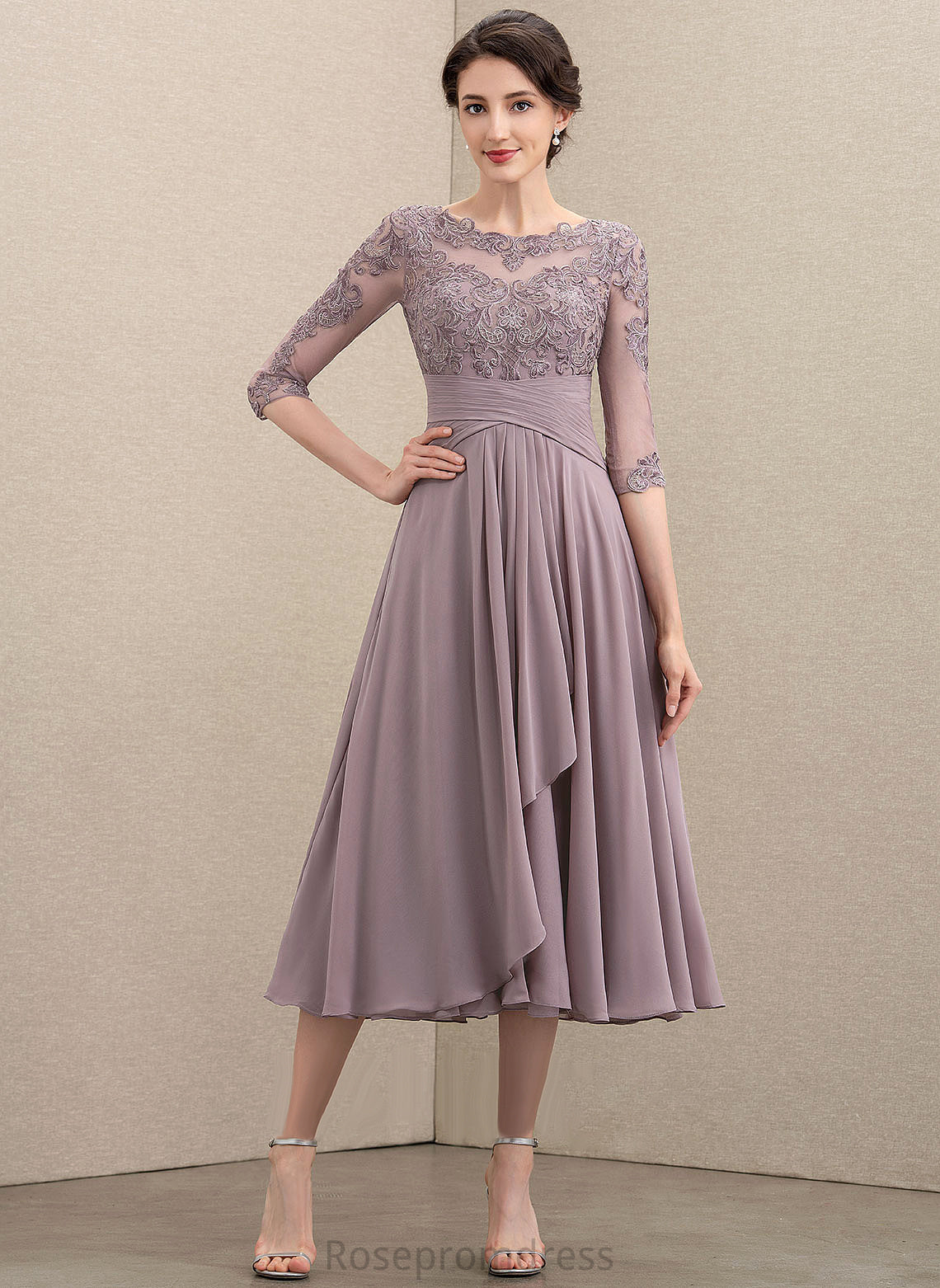 Scoop Mother of the Bride Dresses A-Line Mother the Bride Neck Lace With Lailah Dress of Tea-Length Cascading Chiffon Ruffles