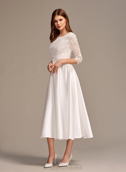 Satin Scoop With Lace Dress Wedding Dresses Wedding Pockets Neck Tea-Length A-Line Zoey