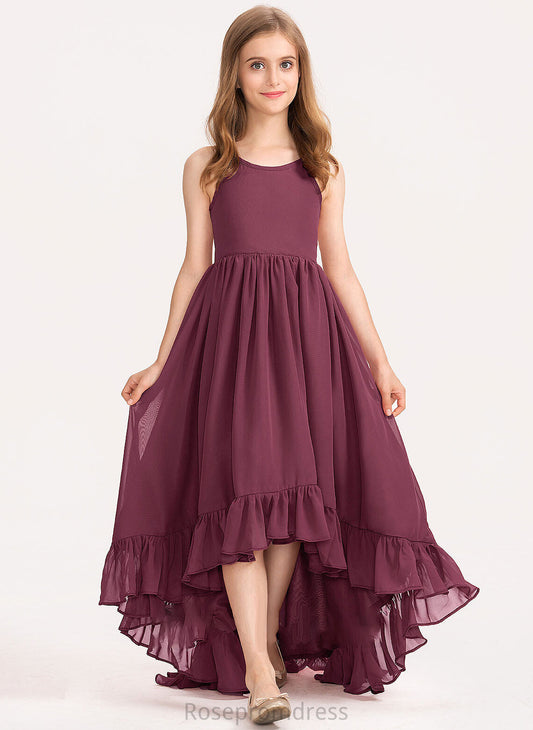 Neck Bow(s) Ruffles Asymmetrical With Marely Junior Bridesmaid Dresses Scoop Cascading Chiffon A-Line