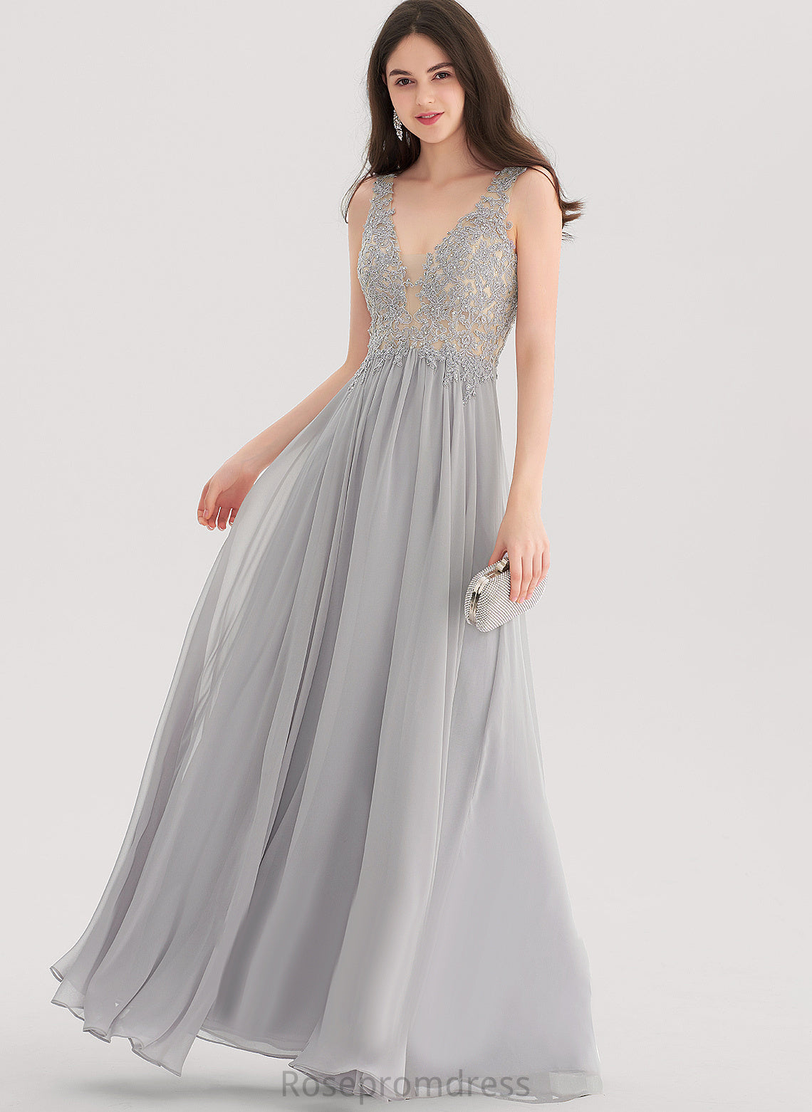 Prom Dresses With Emely A-Line Rhinestone Floor-Length V-neck Chiffon Lace