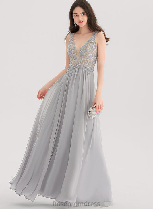 Prom Dresses With Emely A-Line Rhinestone Floor-Length V-neck Chiffon Lace