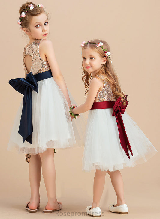 Knee-length Flower (Undetachable Girl Neck Sleeveless With Dress A-Line Satin/Tulle/Sequined Sequins/Bow(s) Flower Girl Dresses Scoop Paityn sash)