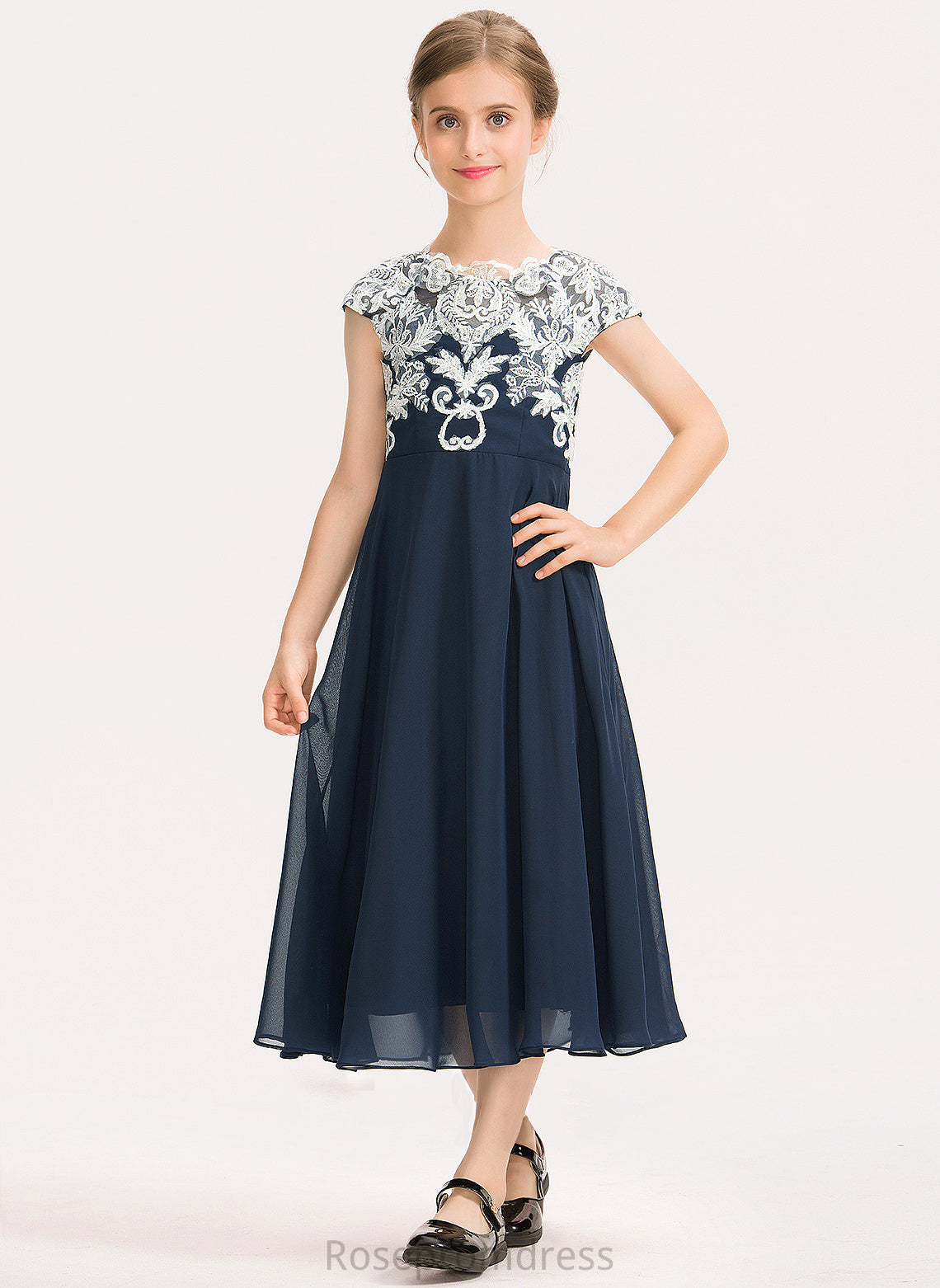 A-Line Junior Bridesmaid Dresses Tea-Length Chiffon Neck Scoop Martina Lace