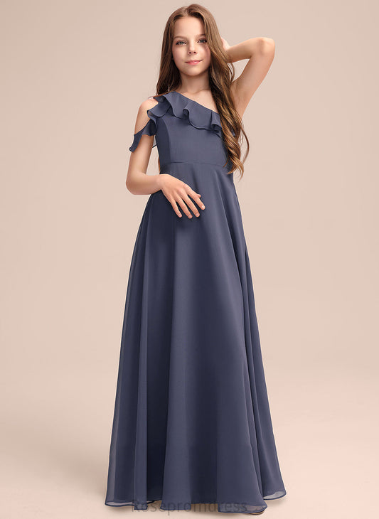 A-Line One-Shoulder With Ruffles Floor-Length Junior Bridesmaid Dresses Raegan Cascading Chiffon