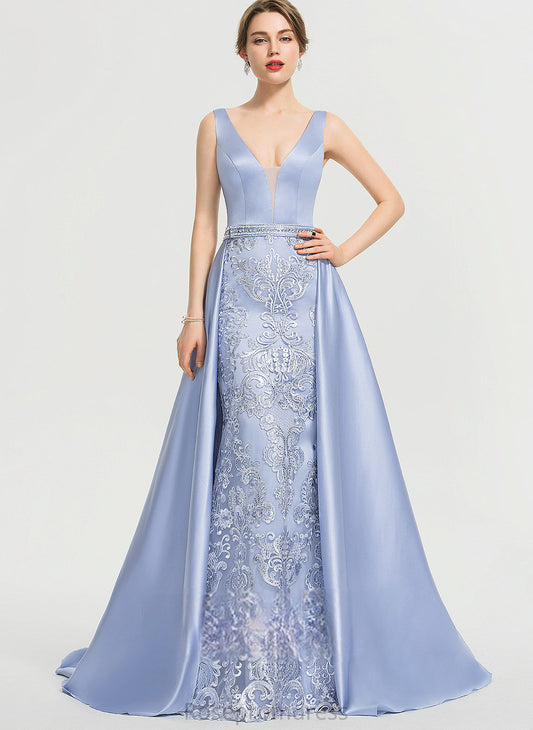 Lace Prom Dresses With Sequins Sweep V-neck Beading Ball-Gown/Princess Satin Holly Train