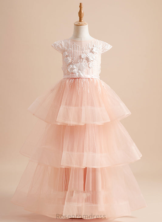 Neck Short Tulle Scoop Ball-Gown/Princess Dress Floor-length Beading/Flower(s)/Bow(s) Flower Sleeves With - Hanna Flower Girl Dresses Girl