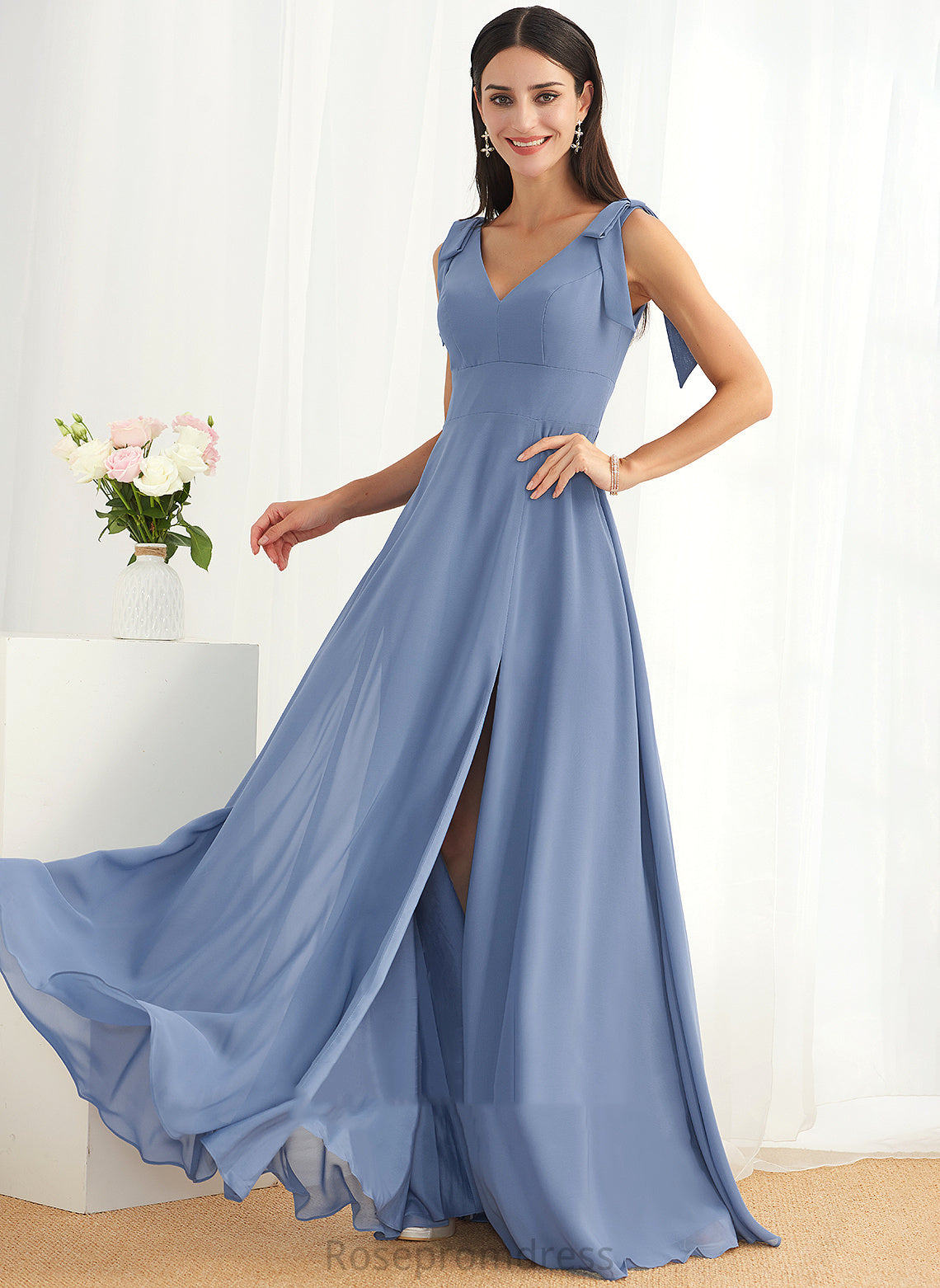 Bow(s) Length Silhouette SplitFront V-neck Embellishment Fabric Floor-Length Neckline A-Line Mercedes Spandex Bridesmaid Dresses