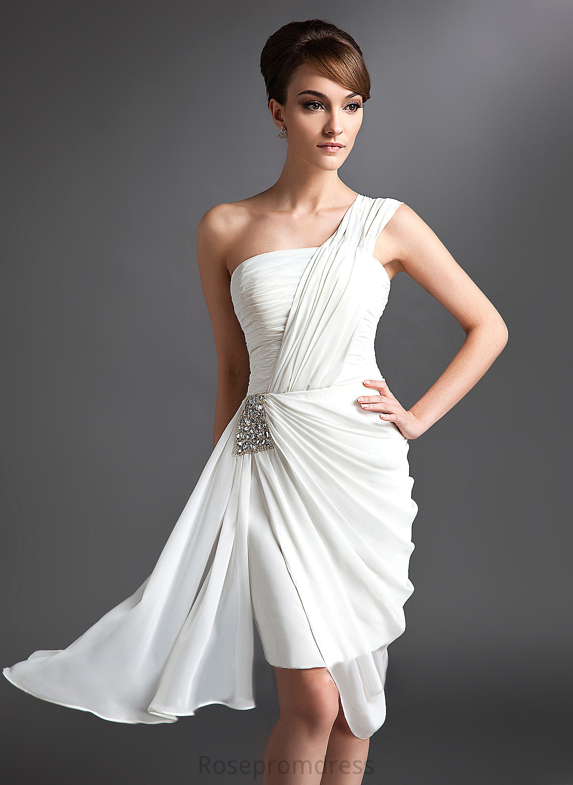 Cocktail Dresses Sheath/Column Cocktail Dress Asymmetrical With Chiffon Emily One-Shoulder Ruffle Beading