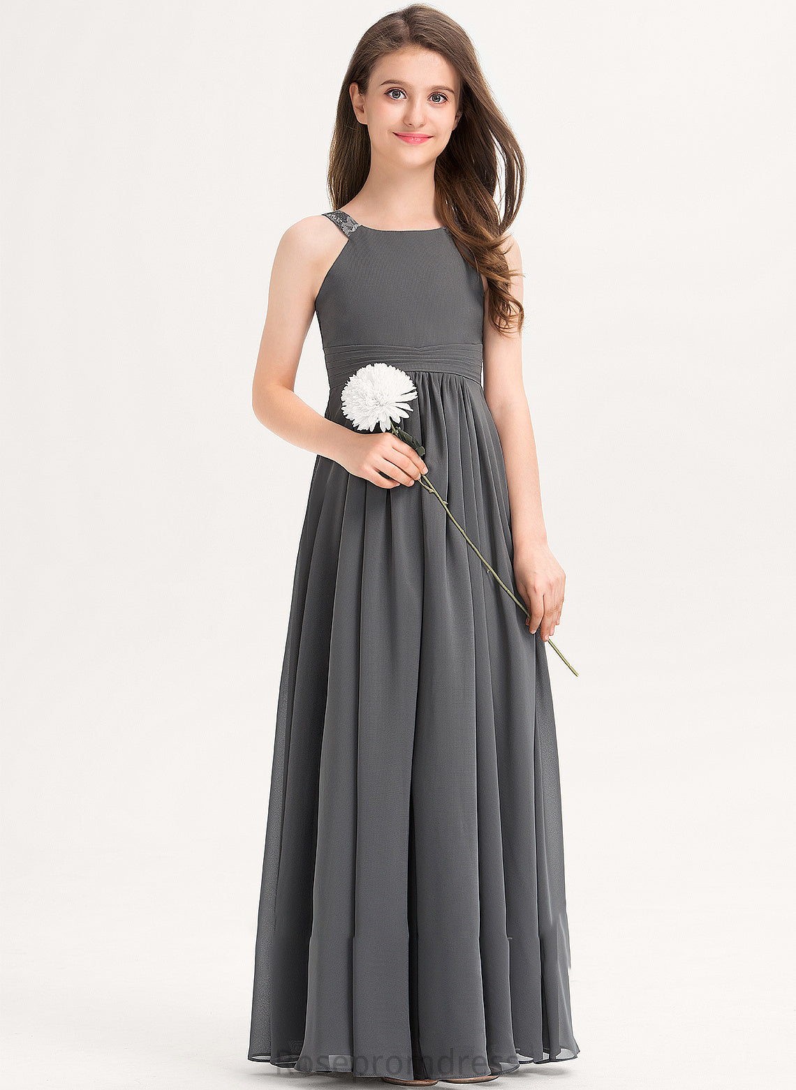 Scoop With Floor-Length Janet Neck Chiffon Lace Ruffle Junior Bridesmaid Dresses A-Line