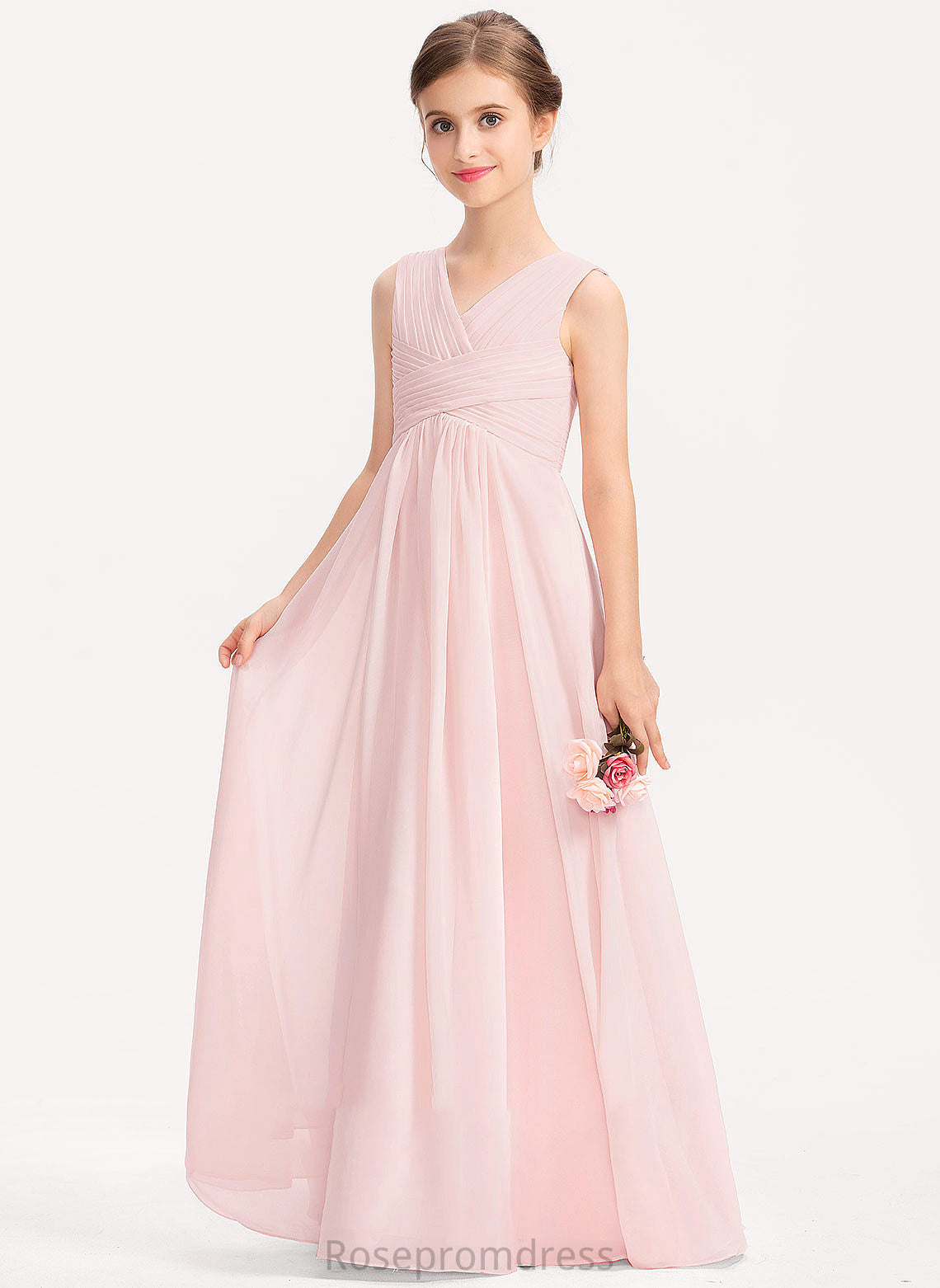 V-neck With Parker A-Line Floor-Length Chiffon Ruffle Junior Bridesmaid Dresses