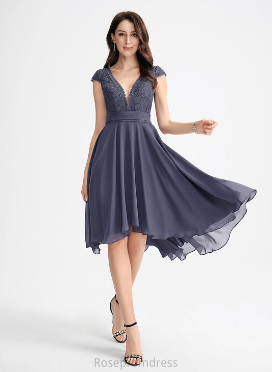 With Lace Dress Cocktail Chiffon V-neck Pleated A-Line Patti Asymmetrical Cocktail Dresses