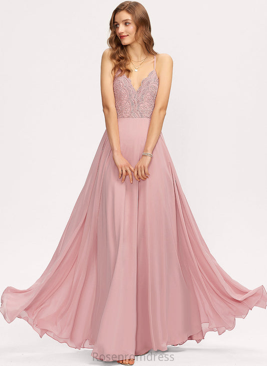 Chiffon A-Line V-neck Prom Dresses Floor-Length Lace Jamya