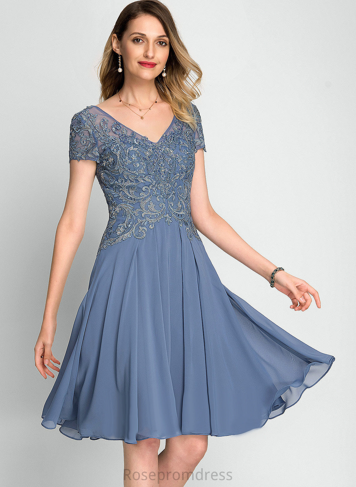 Cocktail Dress Cara A-Line V-neck Beading Knee-Length With Cocktail Dresses Lace Sequins Chiffon