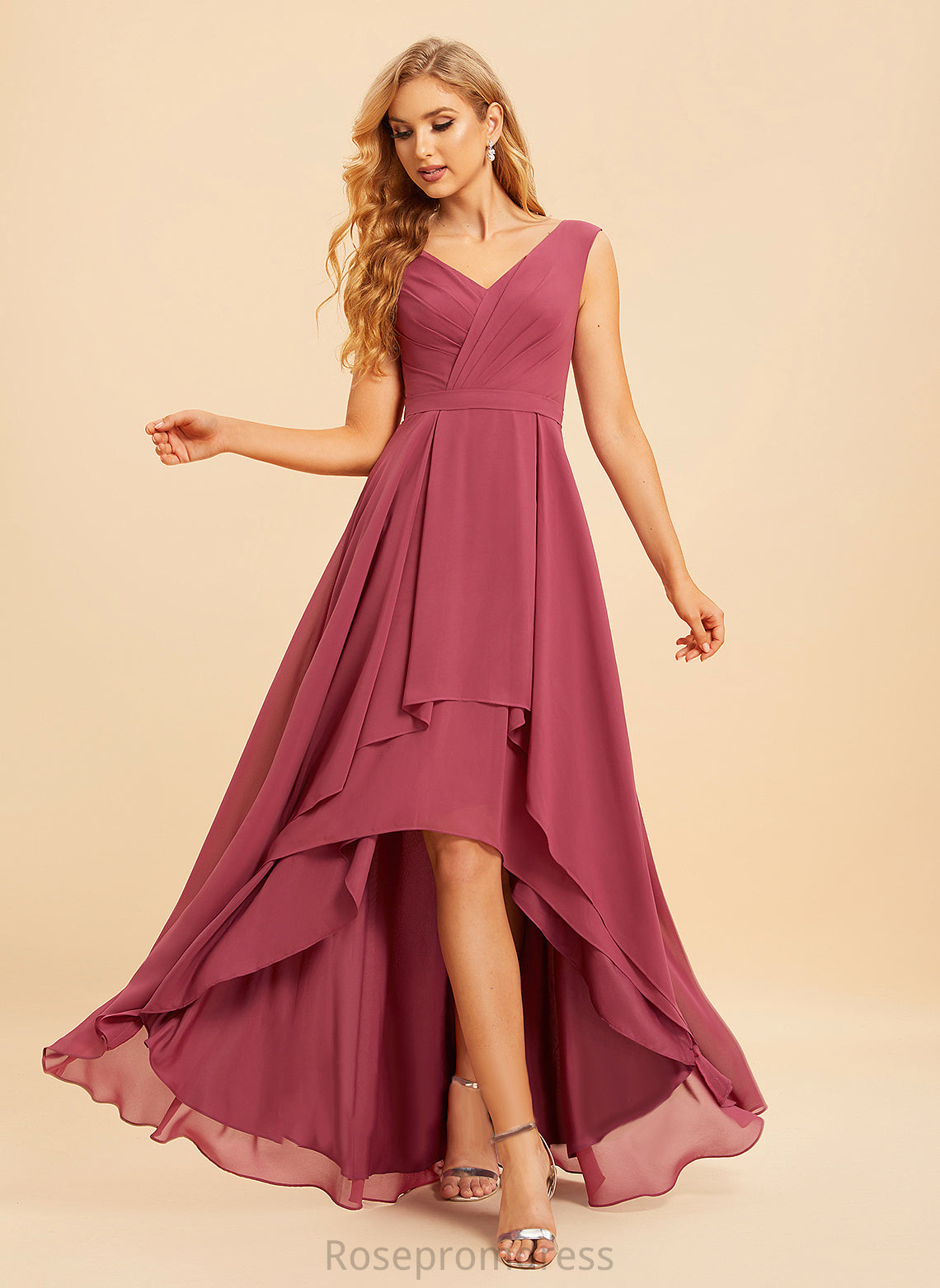 Ruffle Silhouette Neckline V-neck Asymmetrical Length Fabric A-Line Embellishment Arabella Spaghetti Staps Sleeveless Bridesmaid Dresses