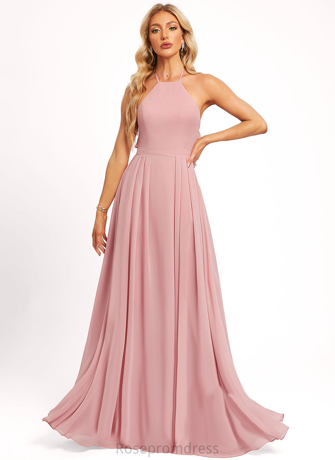 A-line Fabric Straps&Sleeves Neckline Silhouette Halter Length Floor-Length Journey Natural Waist Scoop Sleeveless Bridesmaid Dresses