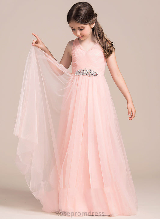 Sleeveless V-neck Dress Flower Girl Dresses Tulle Floor-length Flower With Girl Ruffles/Beading/Sequins - Nora A-Line