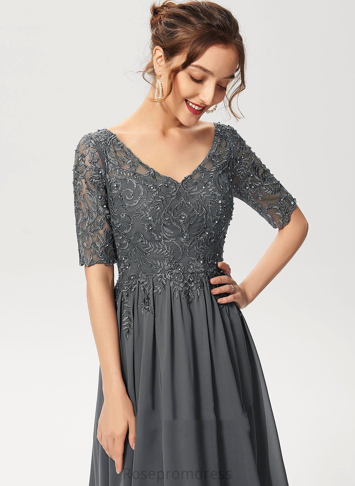 V-neck Cocktail Dresses Knee-Length Lace Maribel Beading A-Line Chiffon Cocktail With Sequins Dress