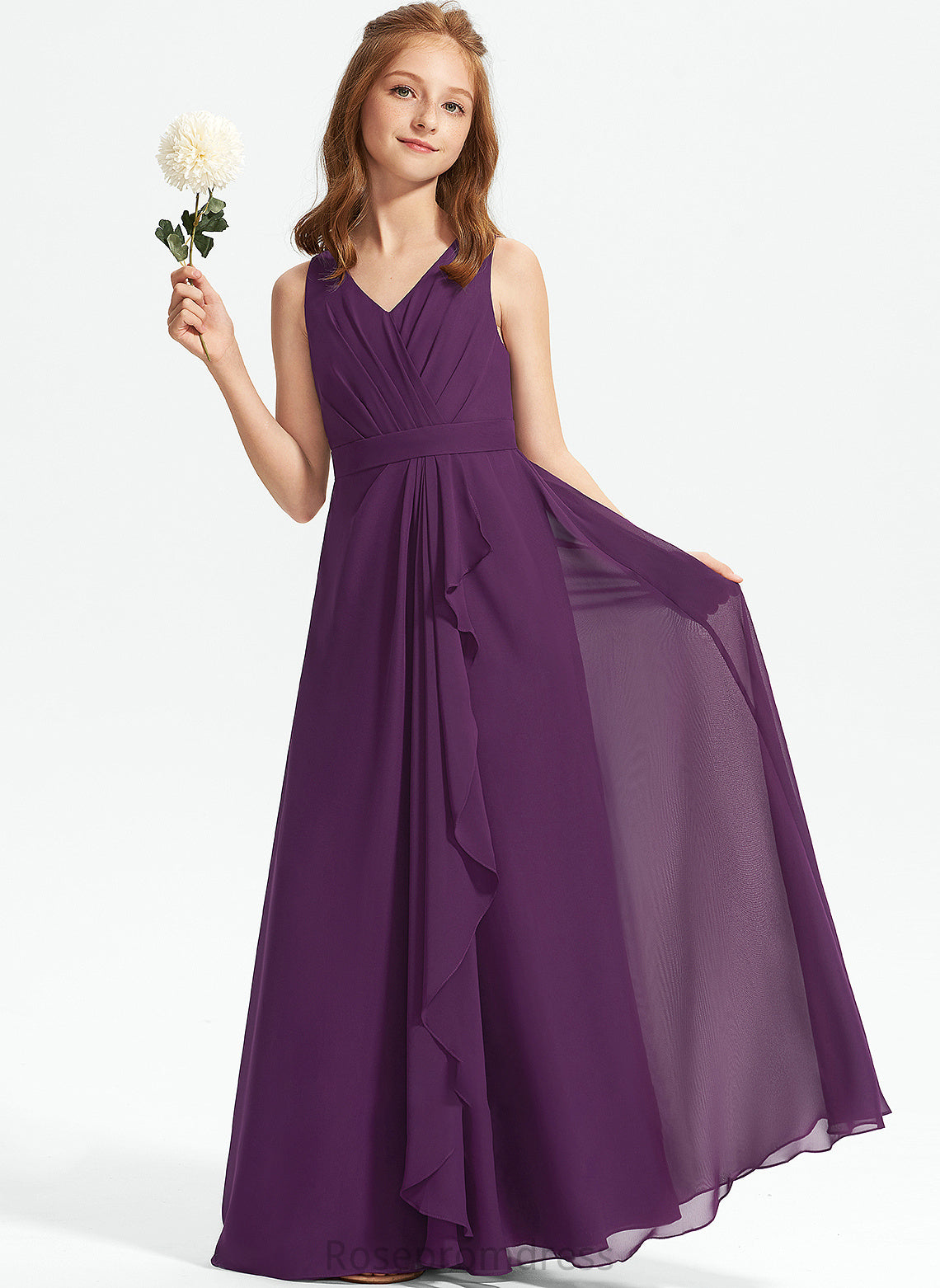 Floor-Length Jenny With Chiffon A-Line Junior Bridesmaid Dresses Ruffles V-neck