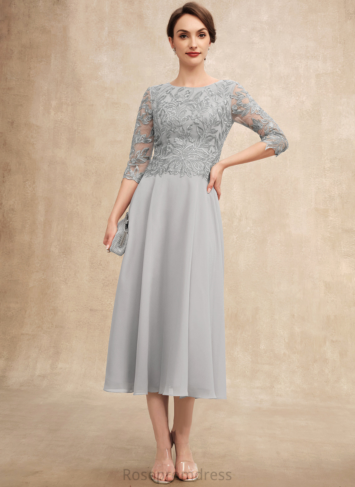 Mother With Bride Scoop of Chiffon Mother of the Bride Dresses Jeanie Sequins Lace the A-Line Tea-Length Dress Neck