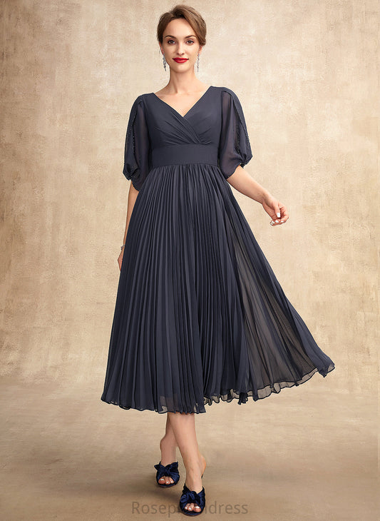 With of A-Line Mother of the Bride Dresses the V-neck Bride Chiffon Pleated Adelyn Tea-Length Dress Mother