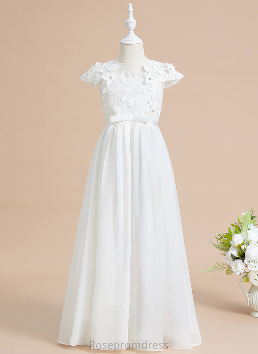 Neck With Girl Floor-length Flower A-Line Marilyn Flower Girl Dresses Chiffon/Lace Dress - Short Scoop Sleeves Flower(s)