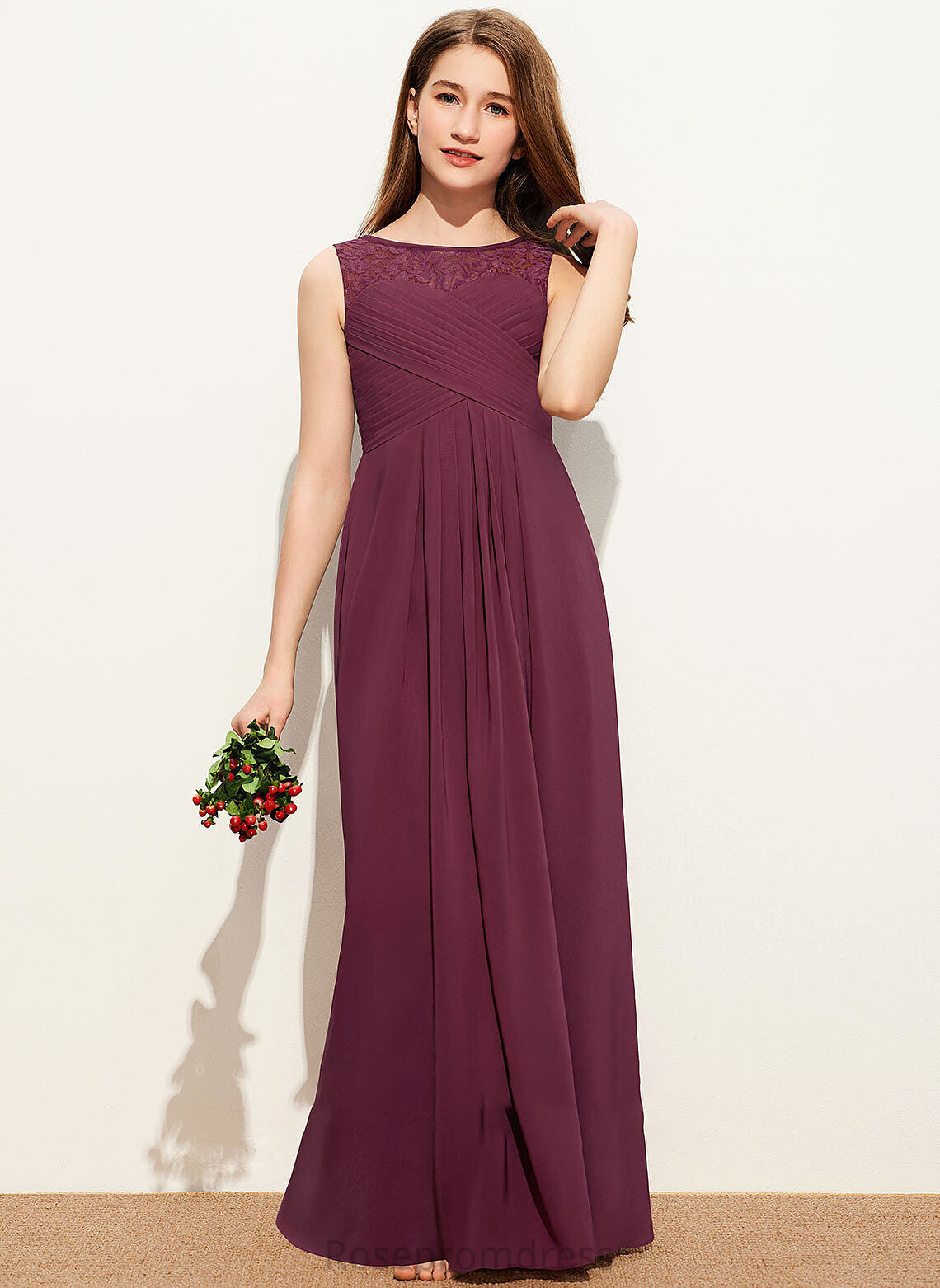 Bow(s) Floor-Length Gracie Ruffle Chiffon Scoop Neck Junior Bridesmaid Dresses A-Line Lace With