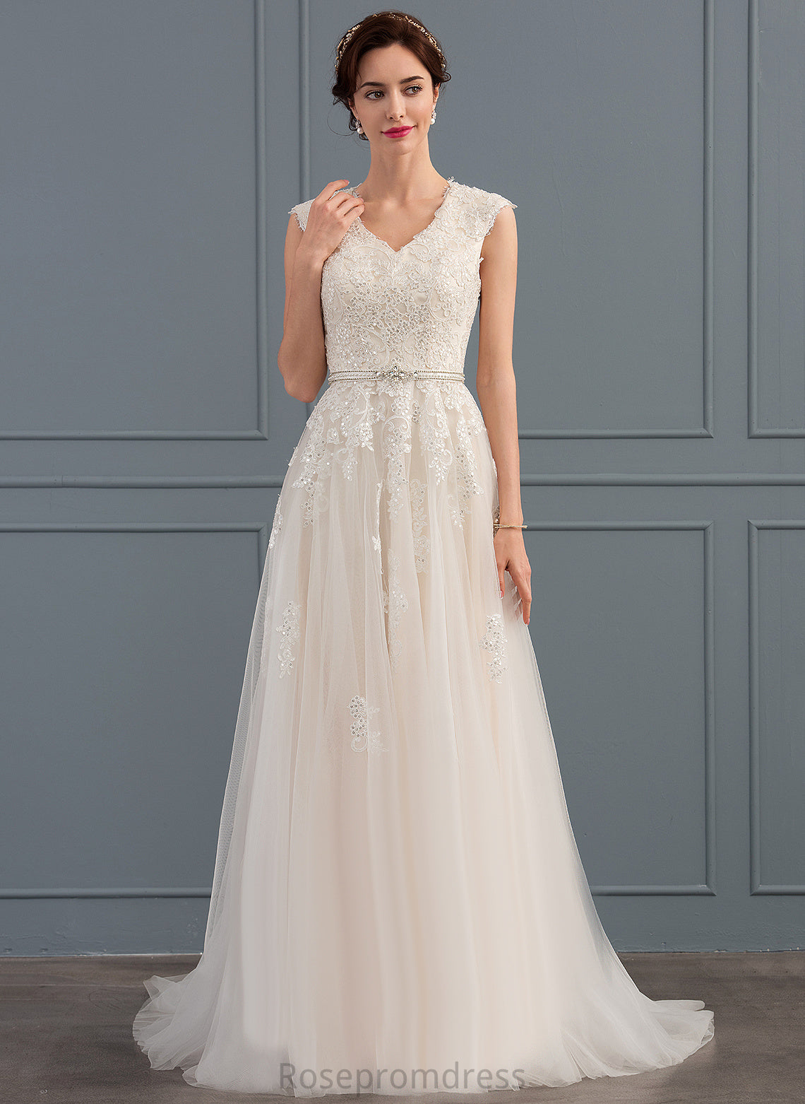 Tulle With Wedding A-Line Dress Sweep Gloria Lace Beading Bow(s) Wedding Dresses Sequins V-neck Train